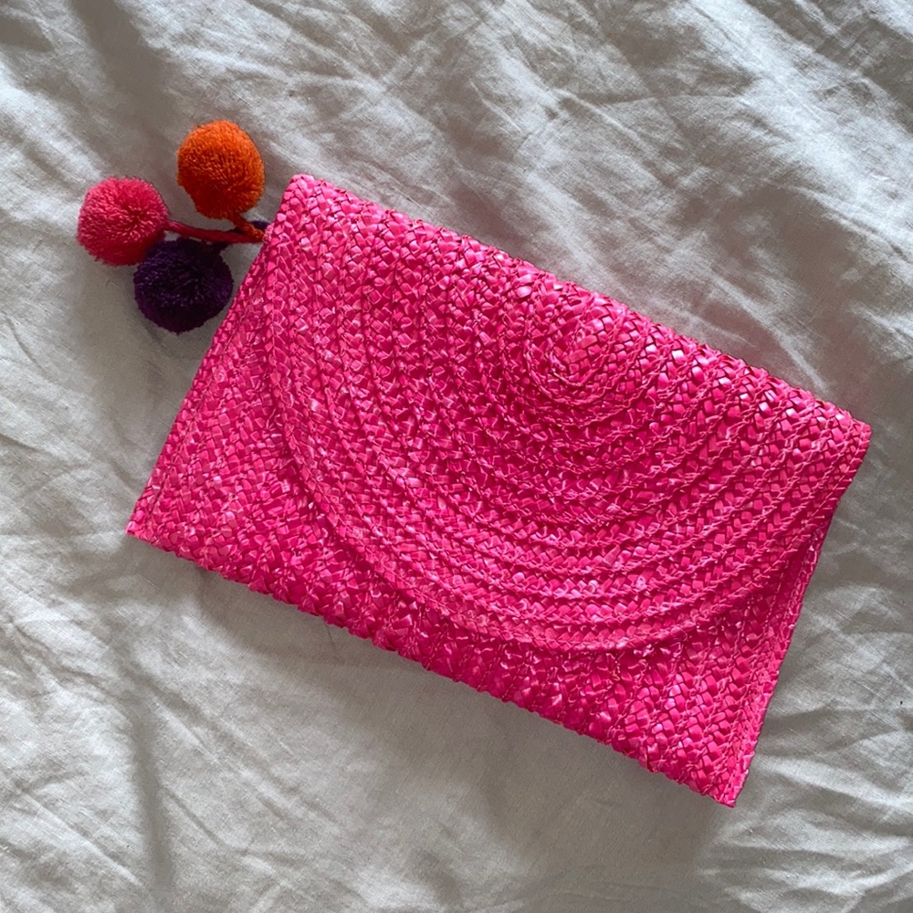 Pink straw purse with Pom poms
